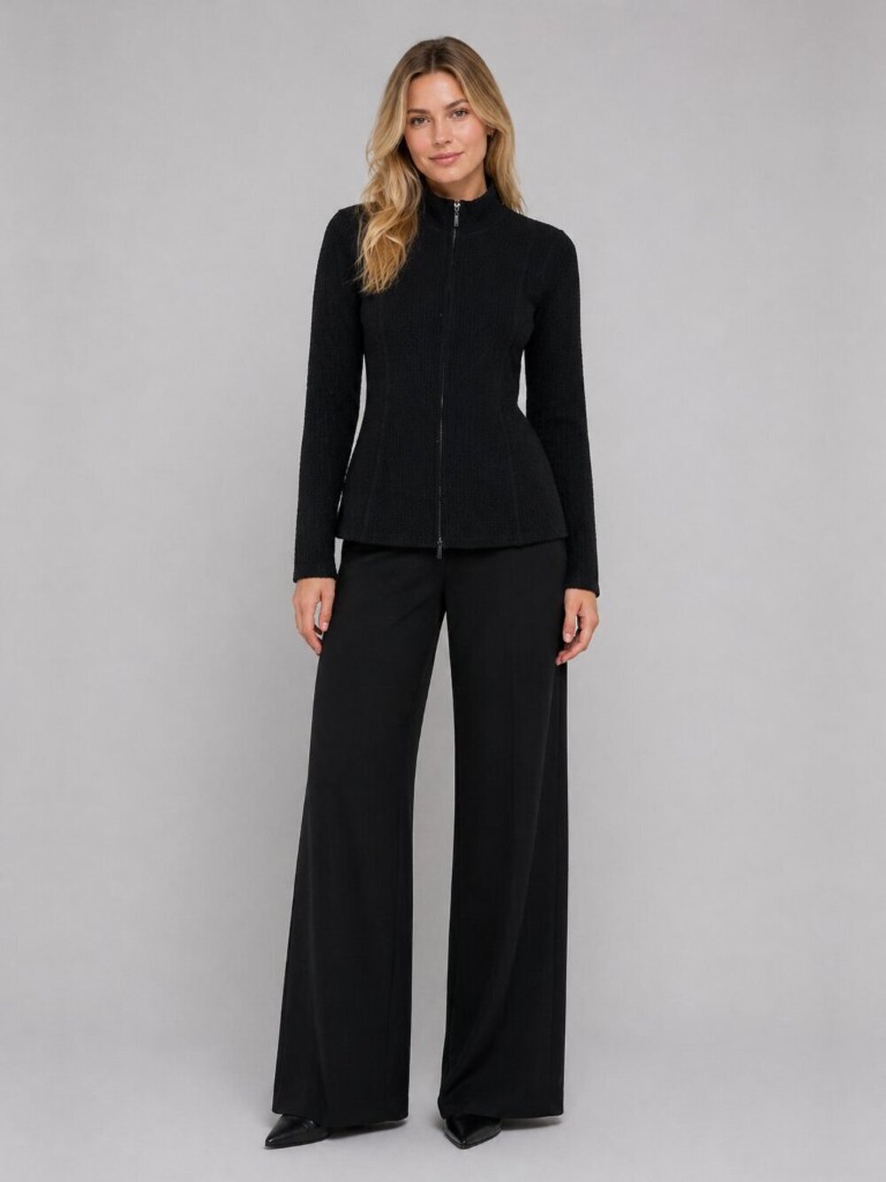 Eileen Fisher Waffle Knit Full Zip Mock Neck Jscket Black Petite 2P- 4P #A2074